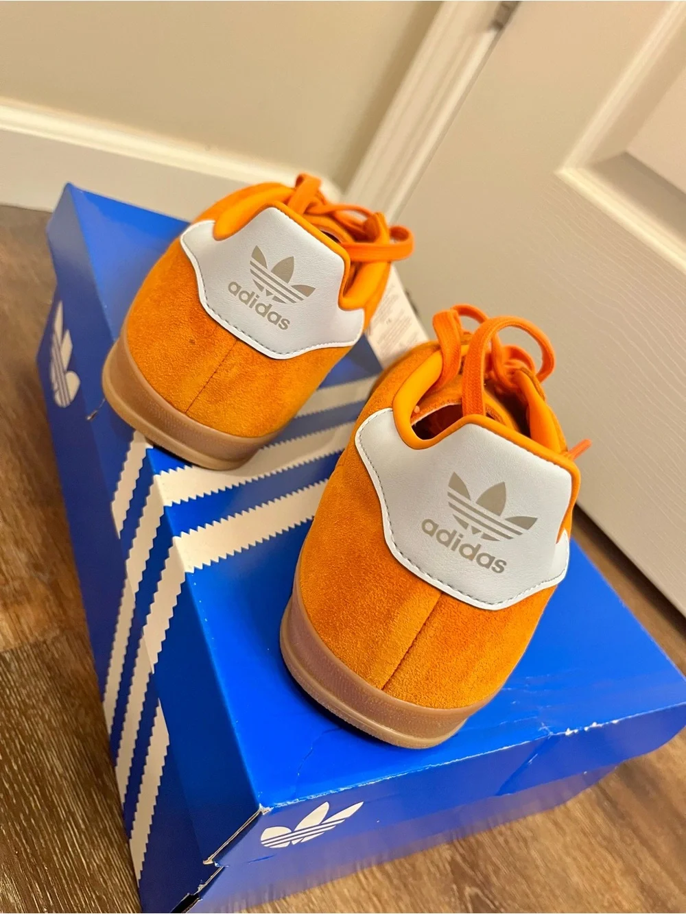 adidas Gazelle Men’s Orange Suede Sneakers with White Stripes - Picture 4 of 5
